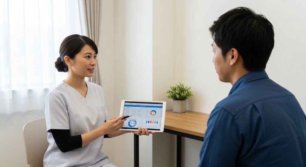 Discussing concerns during beard hair removal counseling at Shonan Beauty Clinic