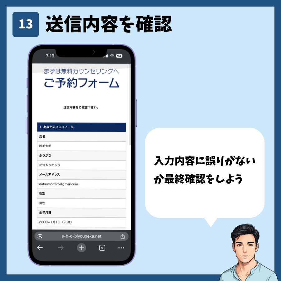 湘南美容クリニックのカウンセリング予約(MySBC登録不要) 手順13:送信内容を確認