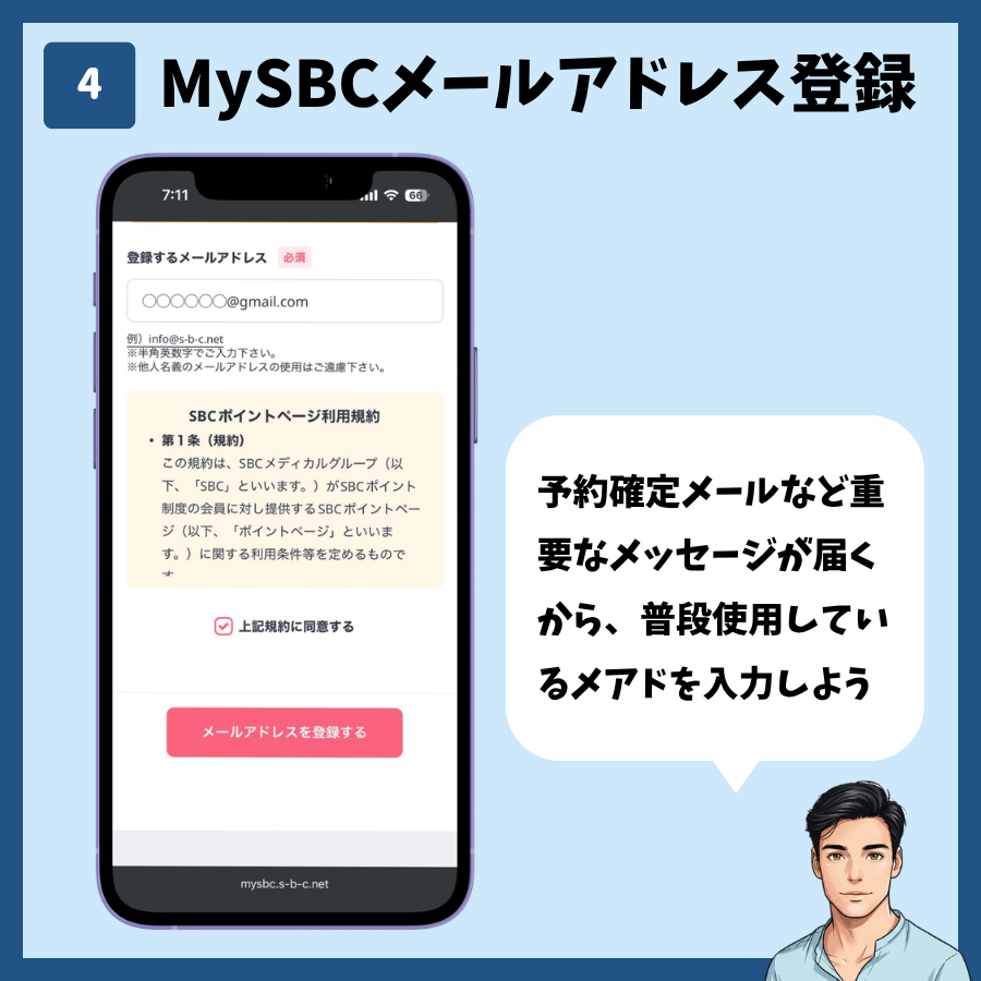湘南美容クリニックのカウンセリング予約(MySBC登録あり) 手順4:MySBCメールアドレス登録