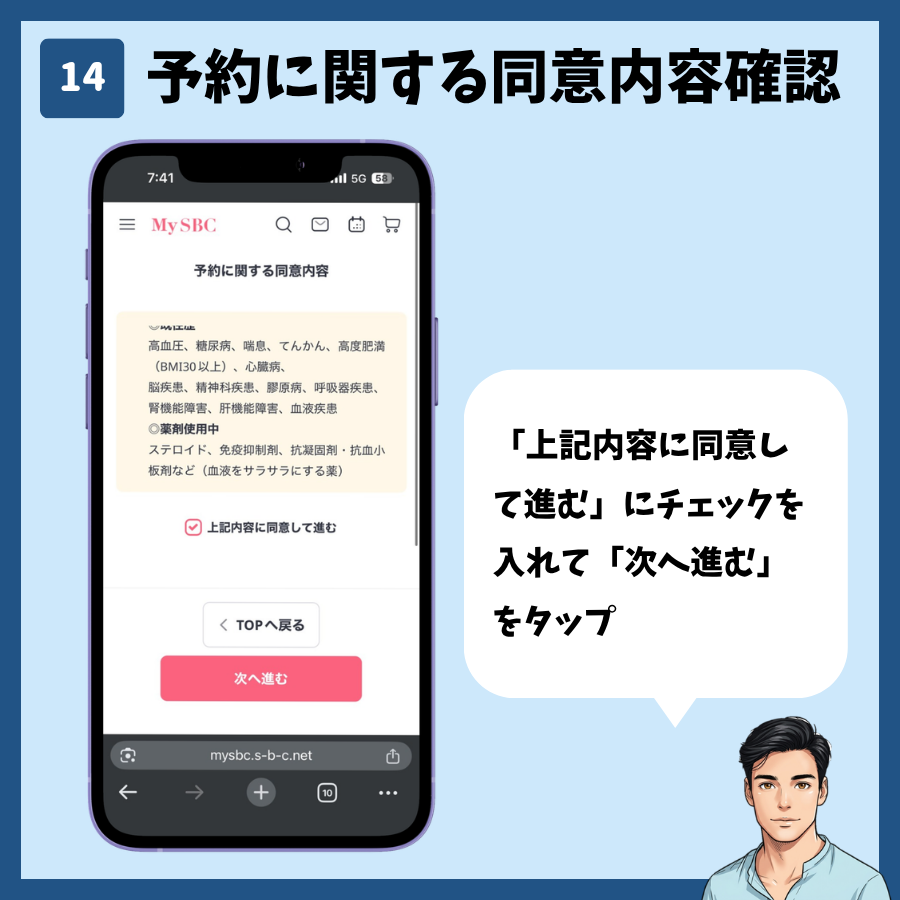 湘南美容クリニックのカウンセリング予約(MySBC登録あり) 手順14:予約に関する同意内容を確認