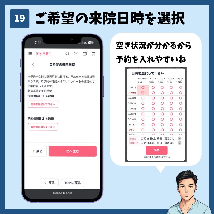湘南美容クリニックのカウンセリング予約(MySBC登録あり) 手順19:ご希望の来院日時を選択