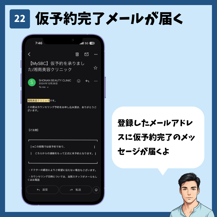 湘南美容クリニックのカウンセリング予約(MySBC登録あり) 手順22:仮予約完了メールが届く