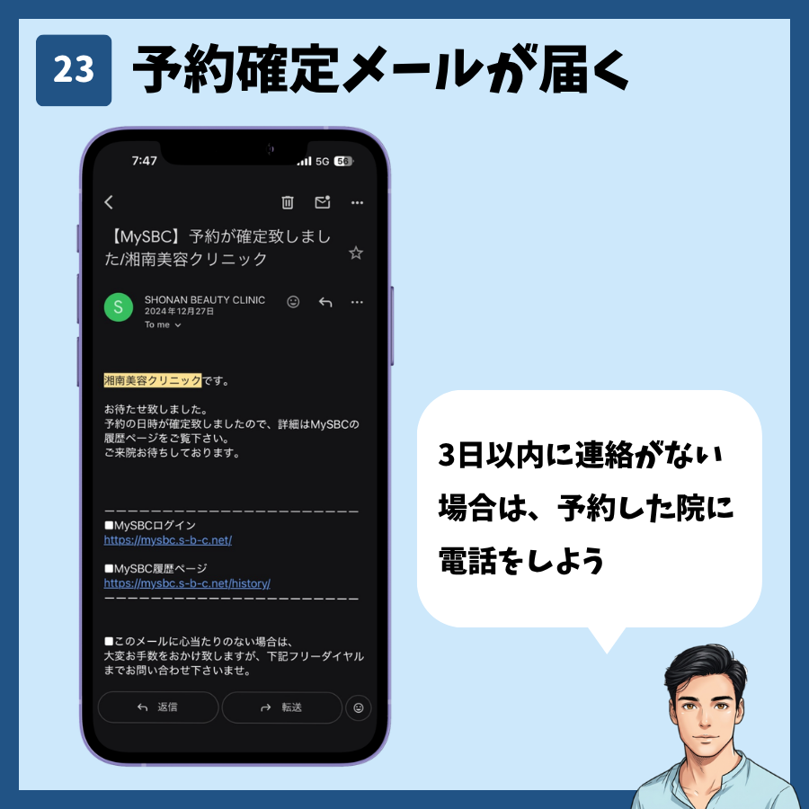 湘南美容クリニックのカウンセリング予約(MySBC登録あり) 手順23:予約確定メールが届く