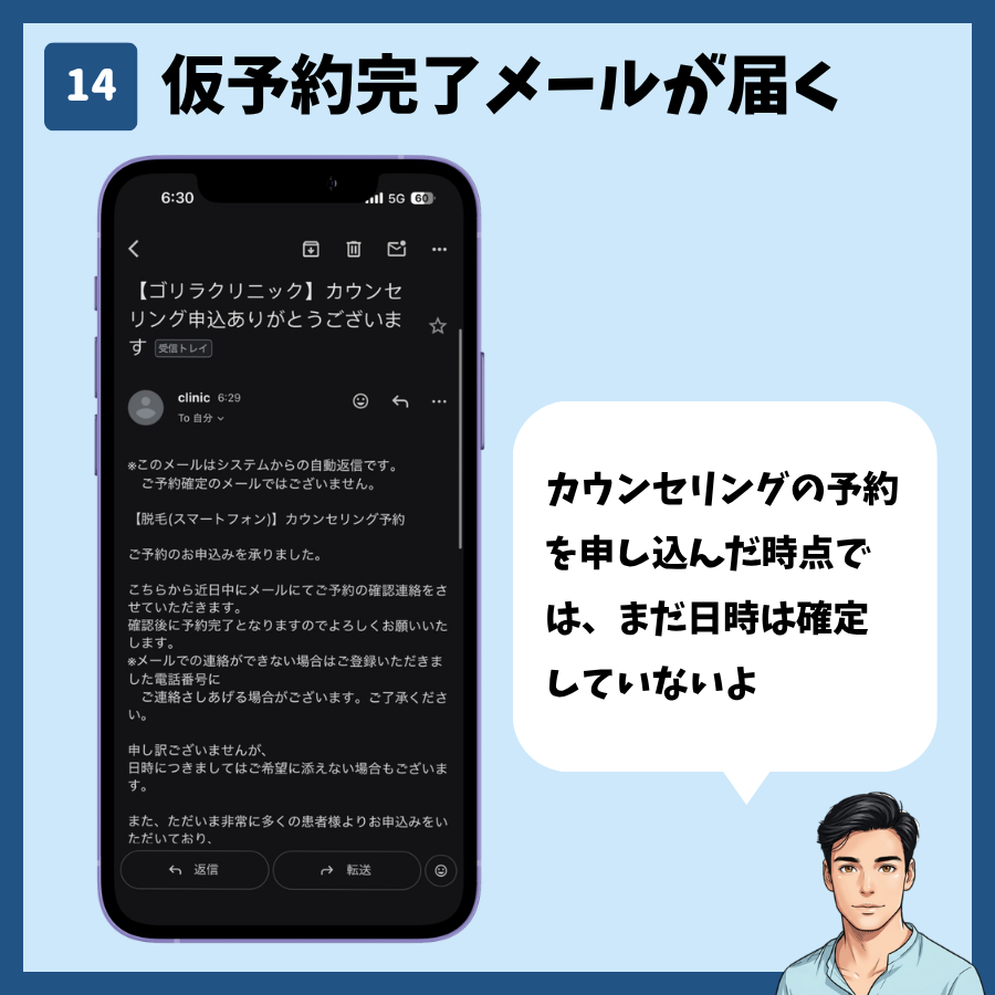ゴリラクリニックから届いた仮予約完了メールの画面