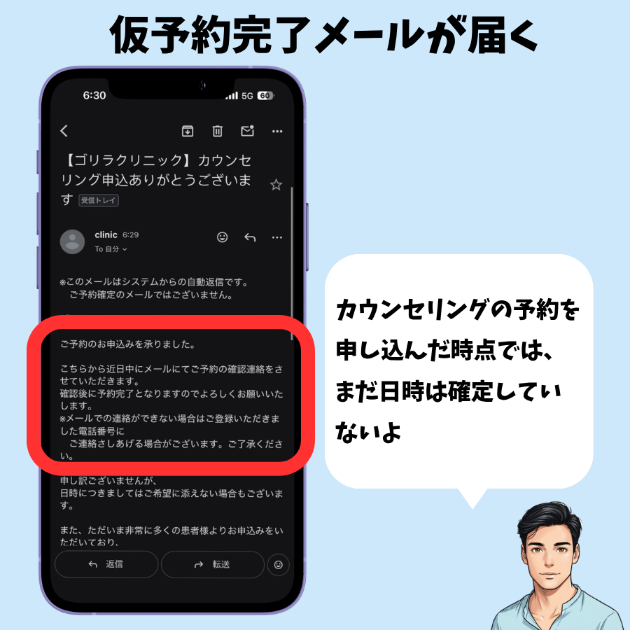 ゴリラクリニックから届いた仮予約完了メールの画面