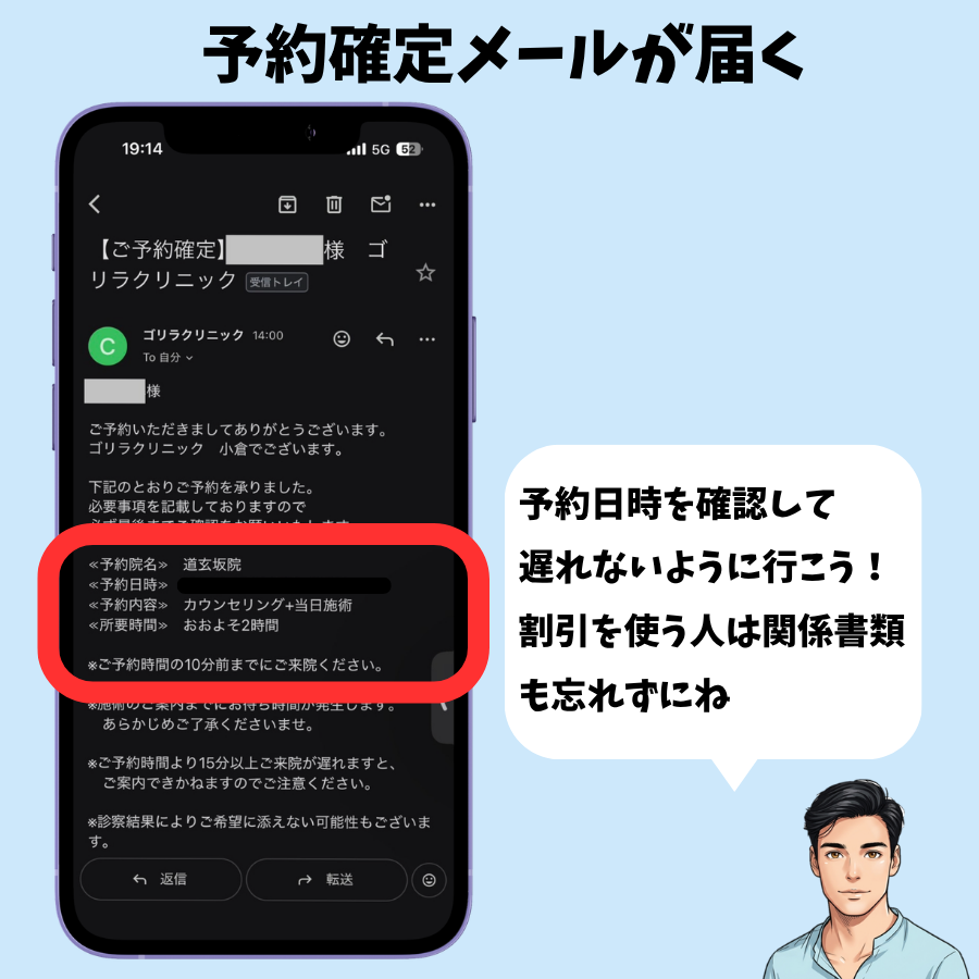 ゴリラクリニックから届いた予約確定メールの画面