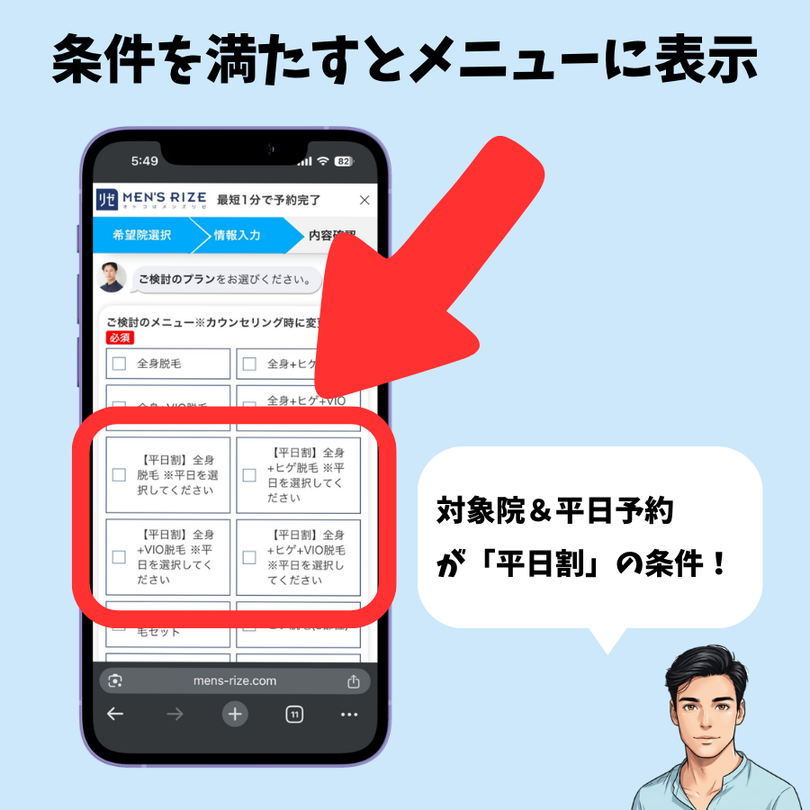 平日割のプランが表示されていない状態の画面