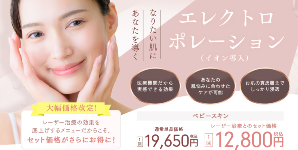 エレクトロポレーションの案内。通常単品価格19,650円がレーザー治療とのセットで12,800円になると書かれている