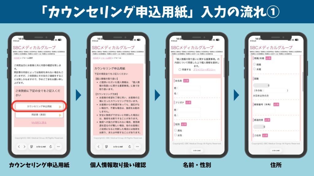 カウンセリング申込用紙の入力の流れ①。個人情報の取り扱い確認から名前・性別・住所までのスマホ画面