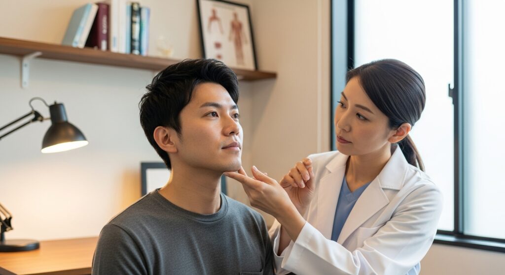 医師が男性のあごの肌をスキンチェックしている様子
