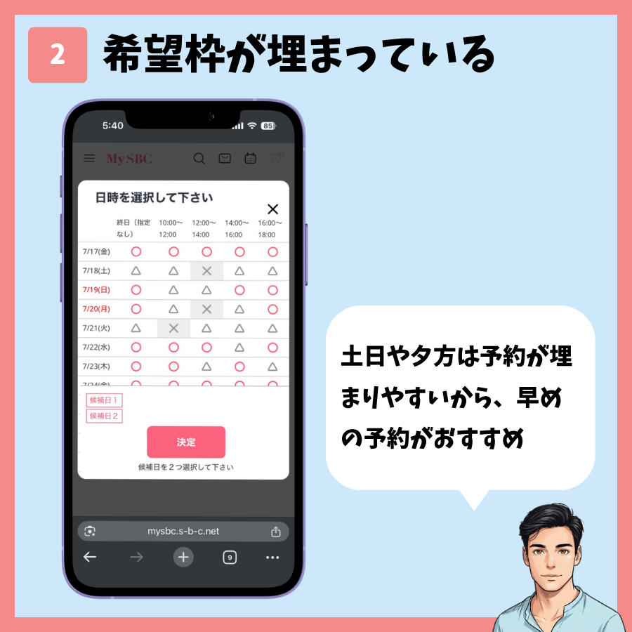希望の日時が埋まっているカレンダー画面と早めの予約をすすめる図解