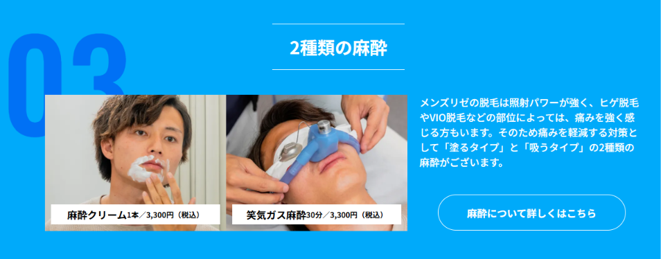麻酔クリーム1本3,300円と笑気ガス麻酔30分3,300円を紹介するメンズリゼ公式サイトの画面