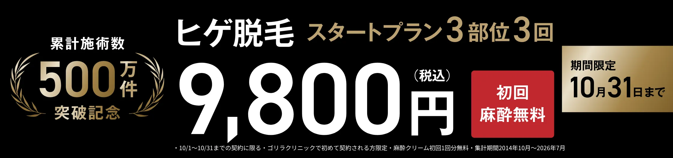ゴリラクリニックのヒゲ脱毛スタートプラン3部位3回が9,800円になる10月限定キャンペーン