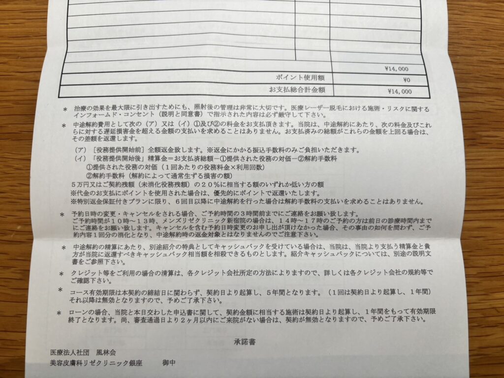 メンズリゼのヒゲ3部位5回14,000円の契約書に書かれた中途解約の決まり