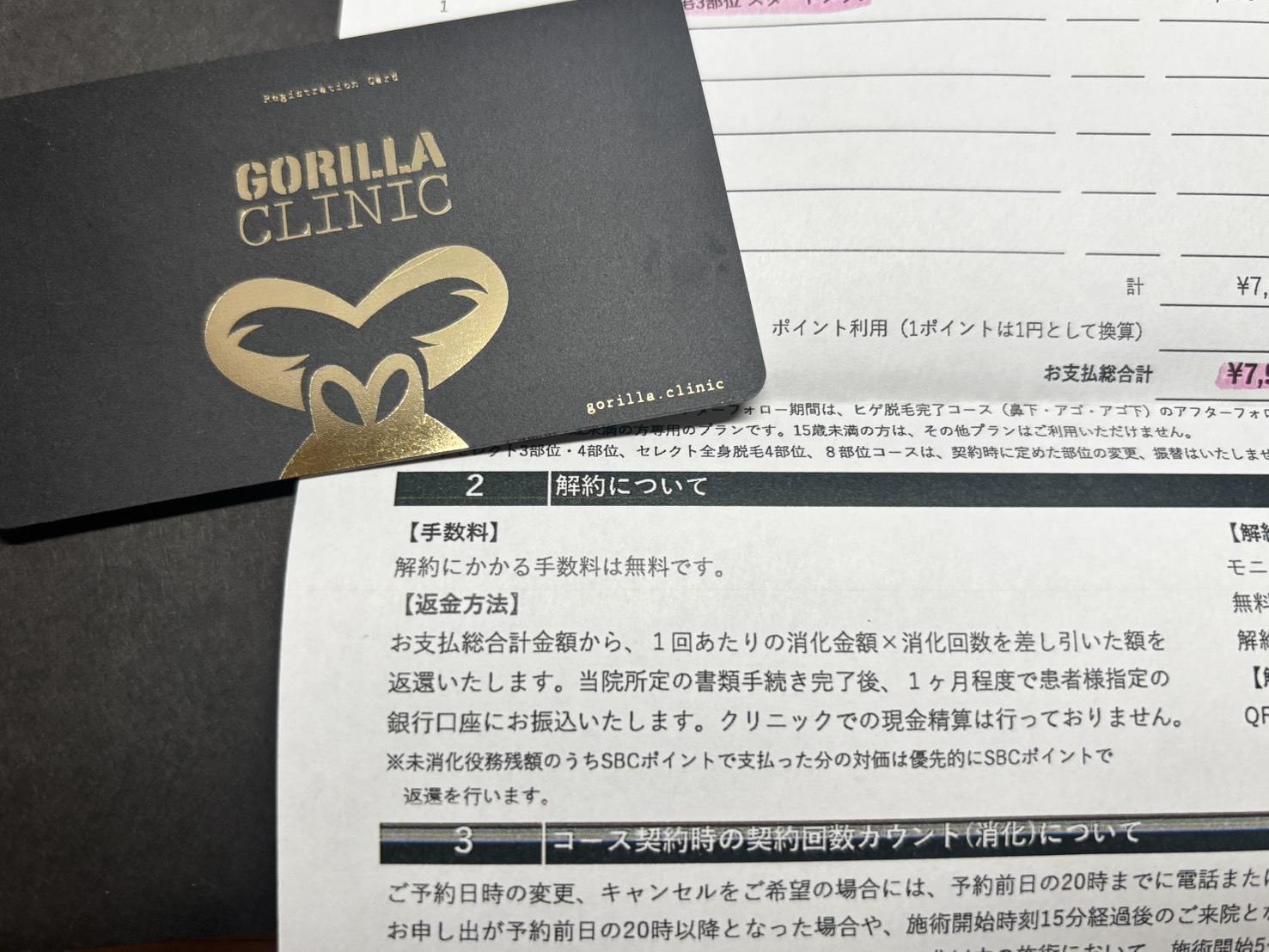 ゴリラクリニックの契約書と診察券。解約にかかる手数料は無料で、返金は書類手続きの完了後1か月程度で銀行口座に振り込みと記載