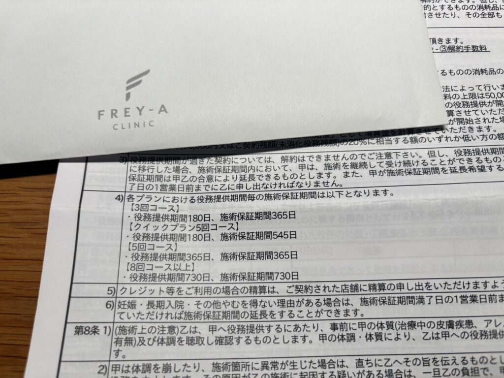 フレイアクリニックの契約書。5回コースは役務提供期間365日、8回コース以上は730日と記載