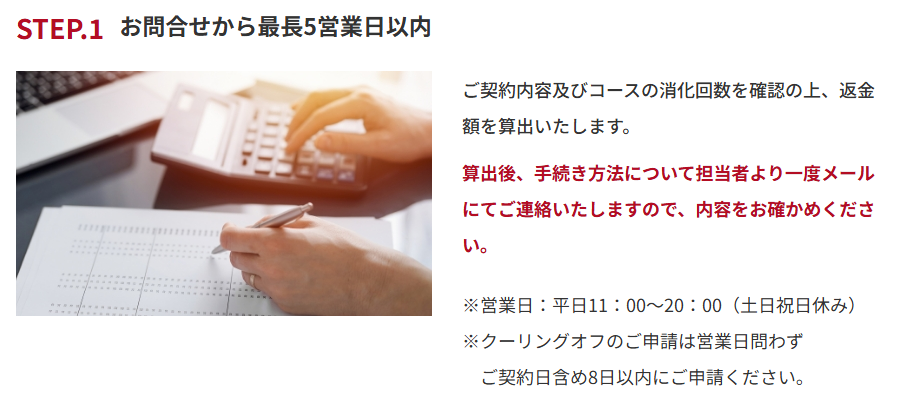 ゴリラクリニック公式サイトのコース中途解約手続き。STEP1は問い合わせから最長5営業日以内に返金額を算出してメールで連絡。営業日は平日11時から20時