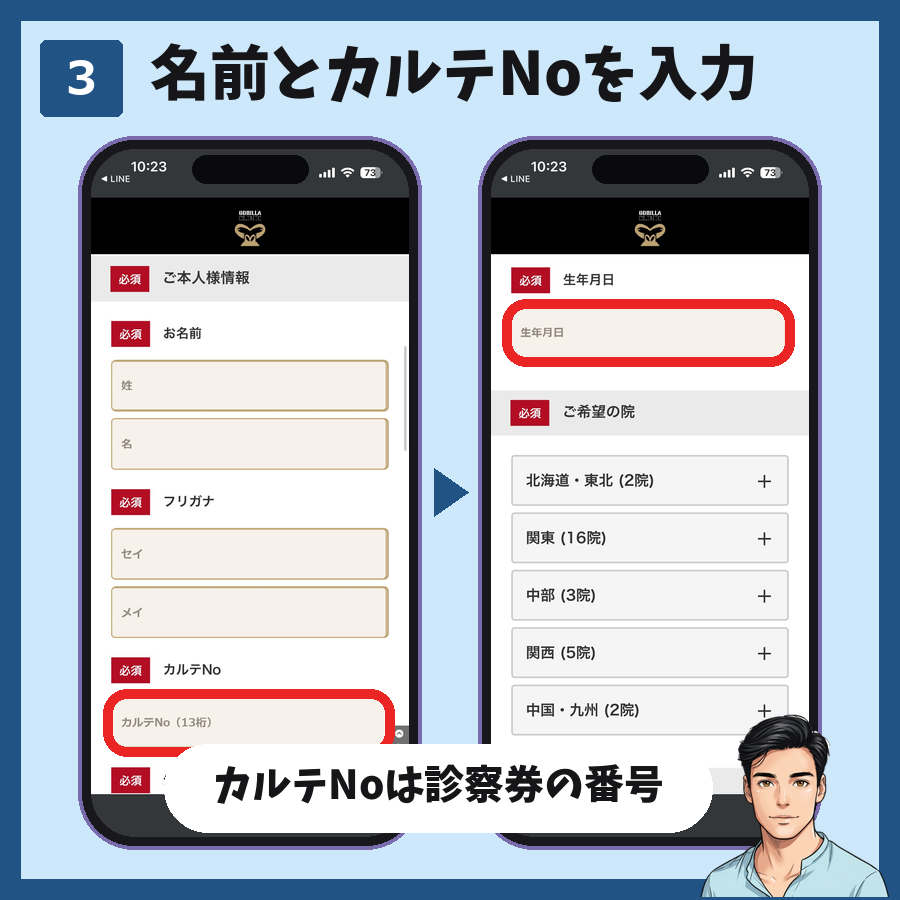 LINE予約で名前とカルテNoと生年月日を入力する手順の図解