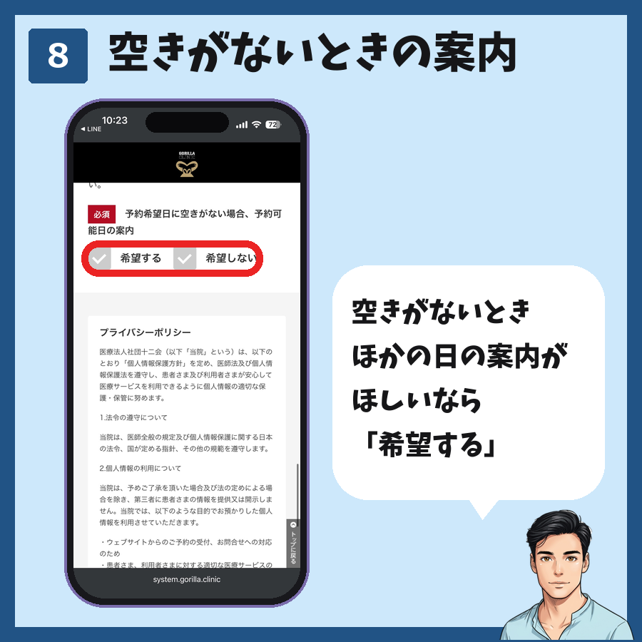 LINE予約で希望の日に空きがないときの案内を希望するか選ぶ手順の図解