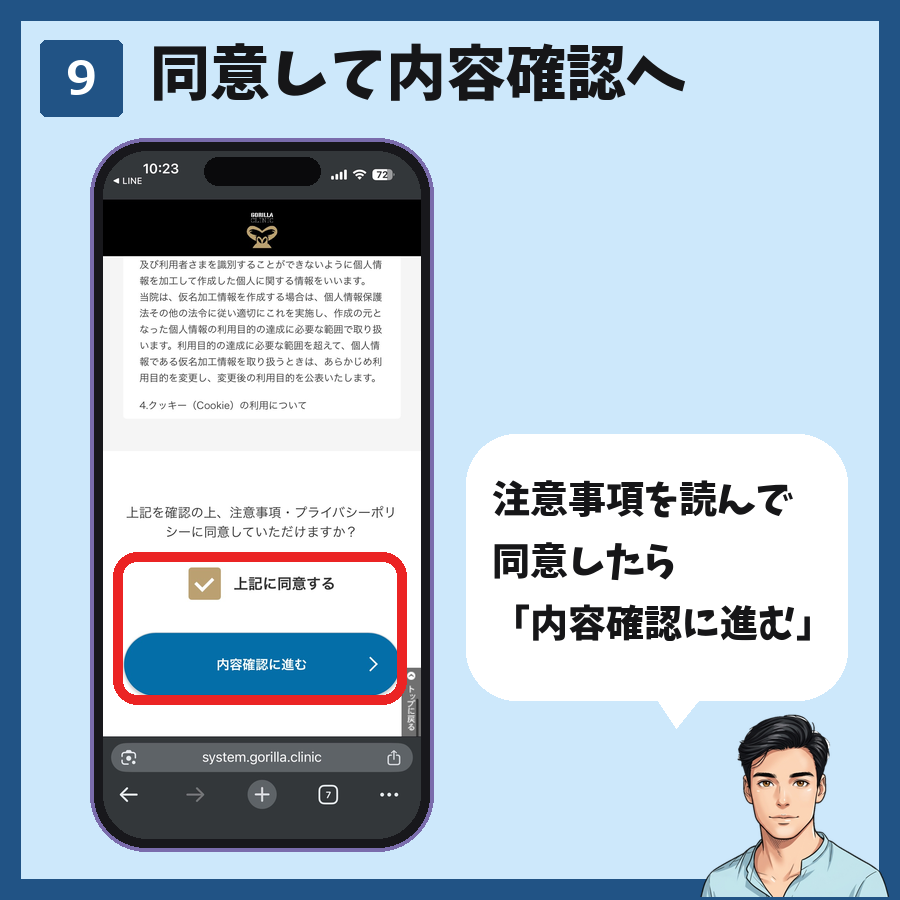 LINE予約で注意事項とプライバシーポリシーに同意して内容確認に進む手順の図解