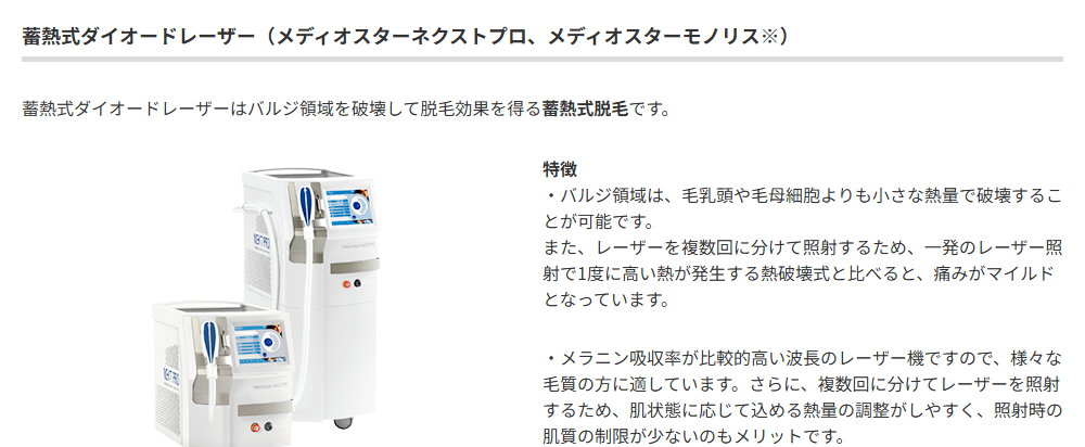 ゴリラクリニック公式サイトの蓄熱式ダイオードレーザーの説明。メディオスターはバルジ領域を破壊し痛みがマイルド
