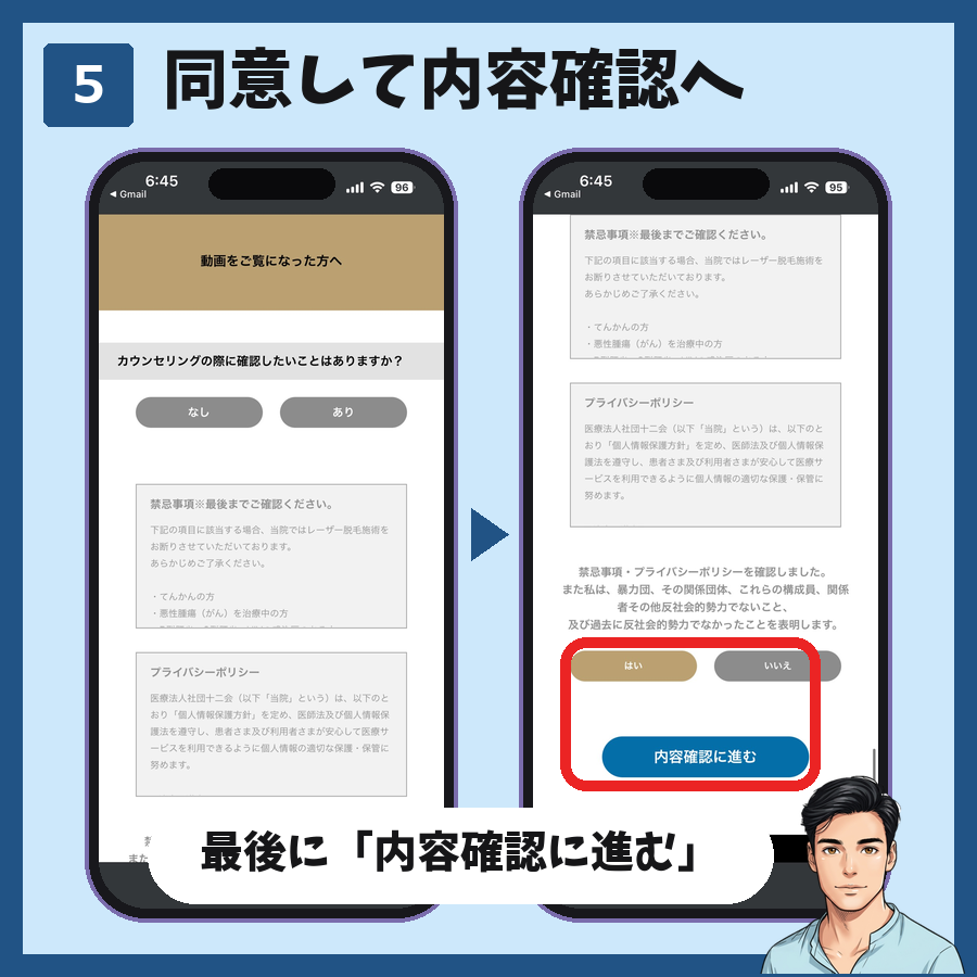 Web問診票の禁忌事項とプライバシーポリシーに同意して、内容確認に進む図解