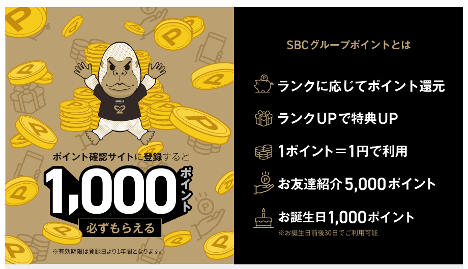 SBCグループポイント会員制度の案内。1ポイント=1円で利用でき、お友達紹介で5,000ポイント