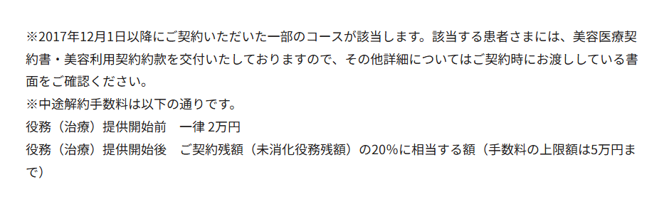 ゴリラクリニック公式サイトの中途解約手数料。役務提供開始前は一律2万円・開始後は契約残額の20%で上限5万円