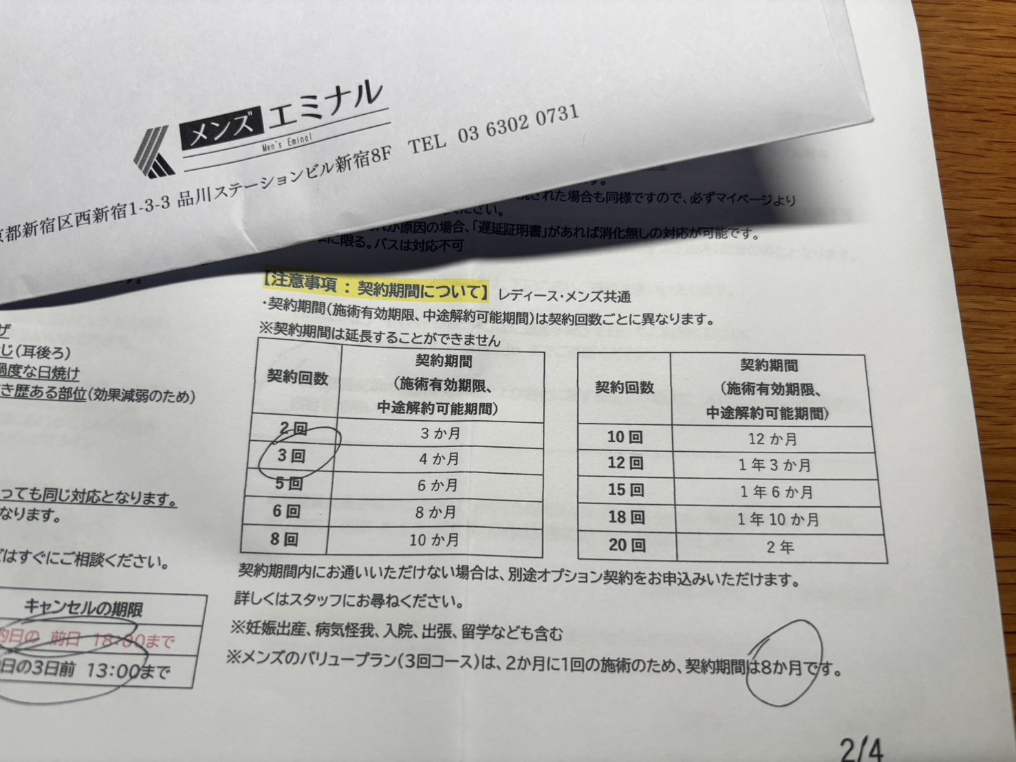 メンズエミナルの契約書。契約期間は5回が6か月・10回が12か月・15回が1年6か月・20回が2年
