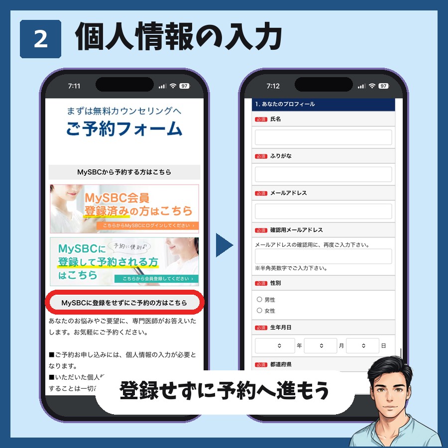 湘南美容クリニックのカウンセリング予約STEP2 MySBCに登録せずに個人情報を入力