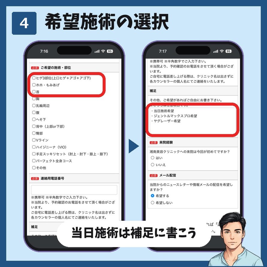 湘南美容クリニックのカウンセリング予約STEP4 希望の施術・部位を選び補足に当日施術の希望を書く