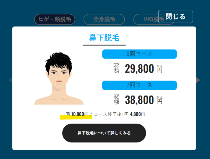 メンズリゼ公式サイトの鼻下脱毛の料金(1回10,800円)