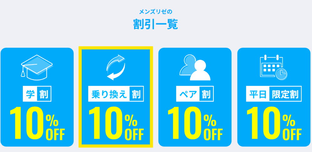 メンズリゼの割引一覧(学割・乗り換え割・ペア割・平日限定割 各10%OFF)