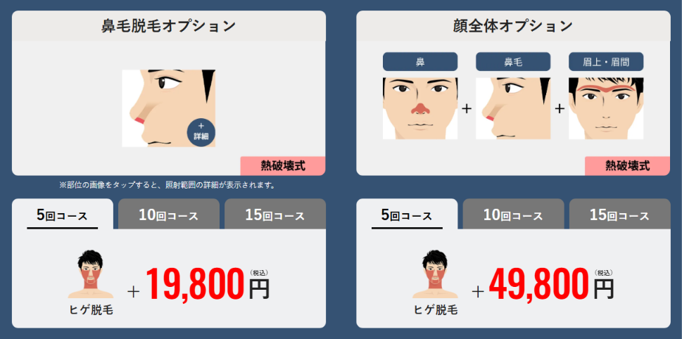 メンズリゼ公式サイトの鼻毛脱毛オプション(5回コース+19,800円)と顔全体オプション(5回コース+49,800円)の料金