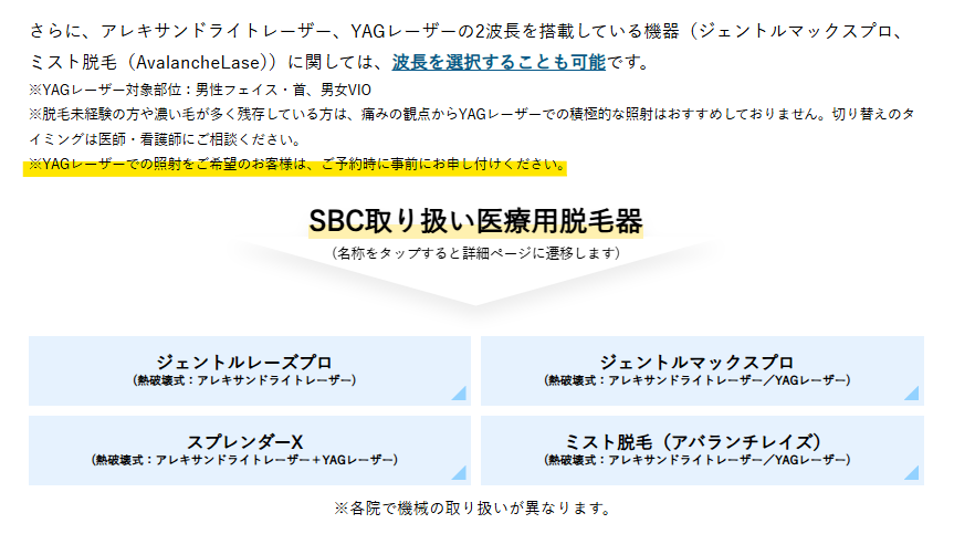 湘南美容クリニック公式の脱毛機の案内(YAGレーザーは予約時に申し出る)