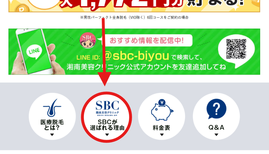 湘南美容クリニック公式サイトの「SBCが選ばれる理由」のボタン