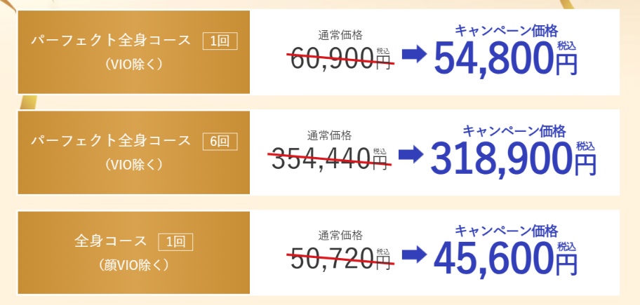 全身脱毛のキャンペーン料金(パーフェクト全身1回・6回・全身1回)