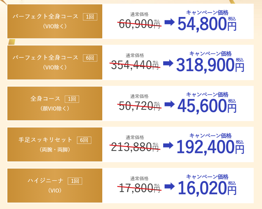 キャンペーンの対象メニューと料金(パーフェクト全身・全身・手足・VIO)