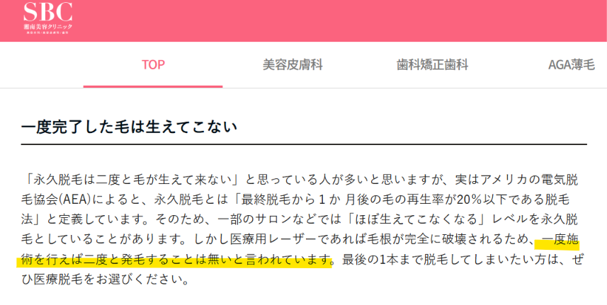 医療用レーザーで毛根を破壊すれば二度と発毛しないという湘南美容クリニック公式の説明